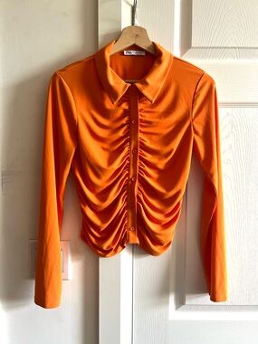 Zara Draped Rushed "Zesty Orange" Button-Up Top Size M